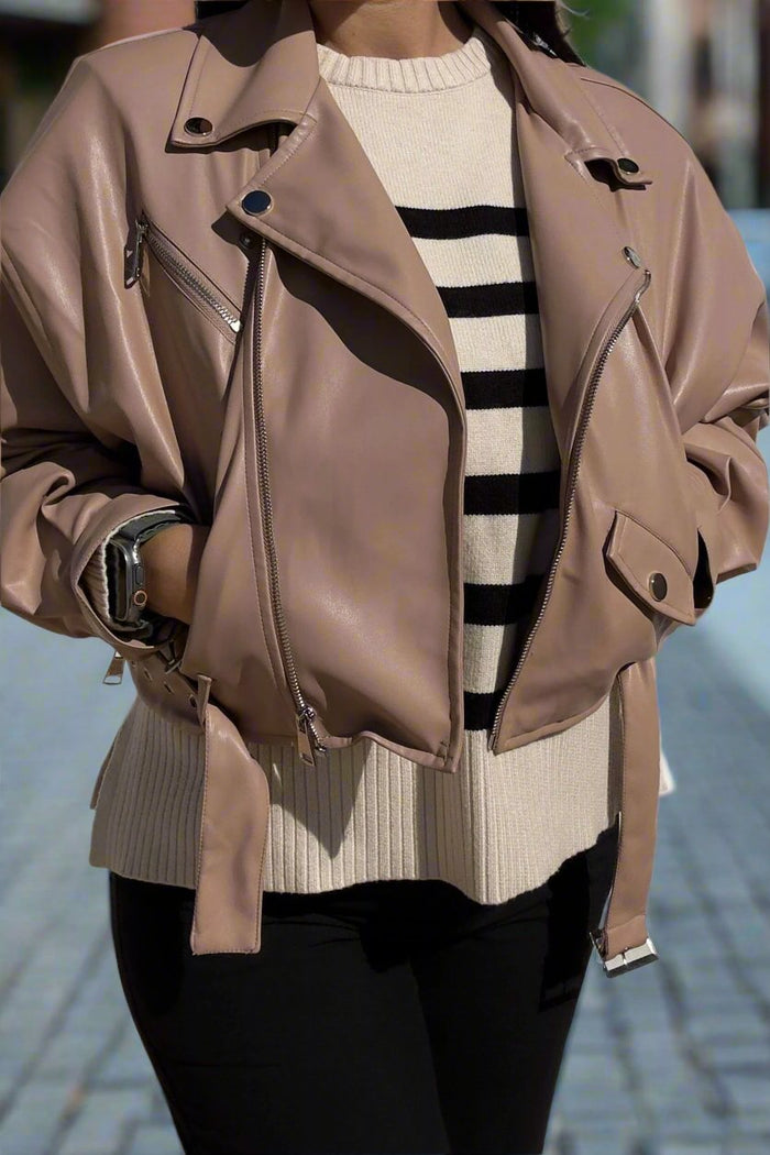 Blush cropped faux leather jacket